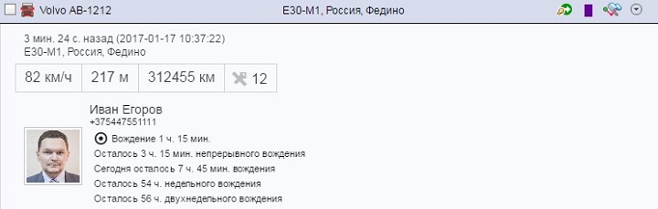 текущий статус работы водителя, время текущей активности, резерв времени вождения: дневной, недельный, двухнедельный