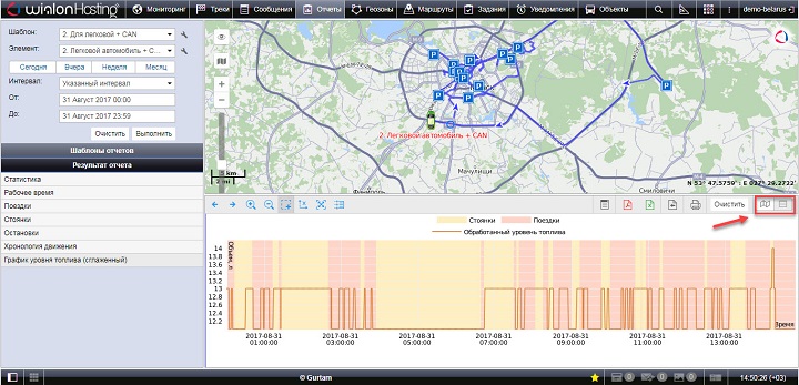 Отображение отчёта с картой в системе мониторинга Wialon