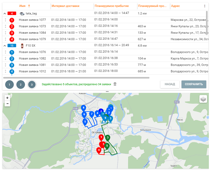 Wialon Logistics: результат распределения заявок на доставку